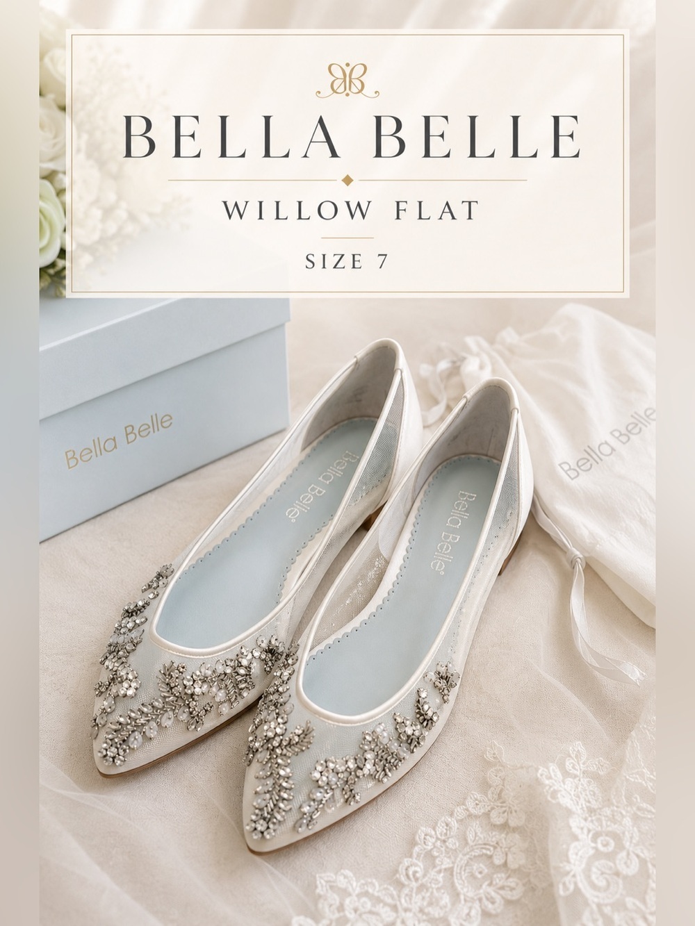 Bella Belle Willow Ivory Silk Embellished Flats Size 7 NIB Bridal Wedding Shoes